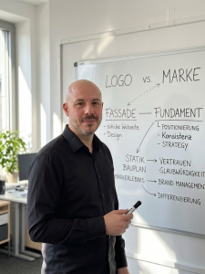 Ich steh hier vor einer weißen Wand mit einem Whiteboard auf dem Keywords wie Strategie, Brand Governance und so weiter aufgeschrieben ist.