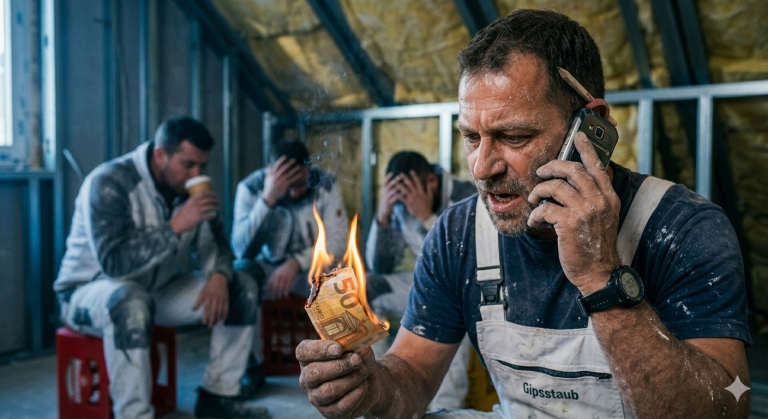 Handwerker mit brenndem 50 euro schein